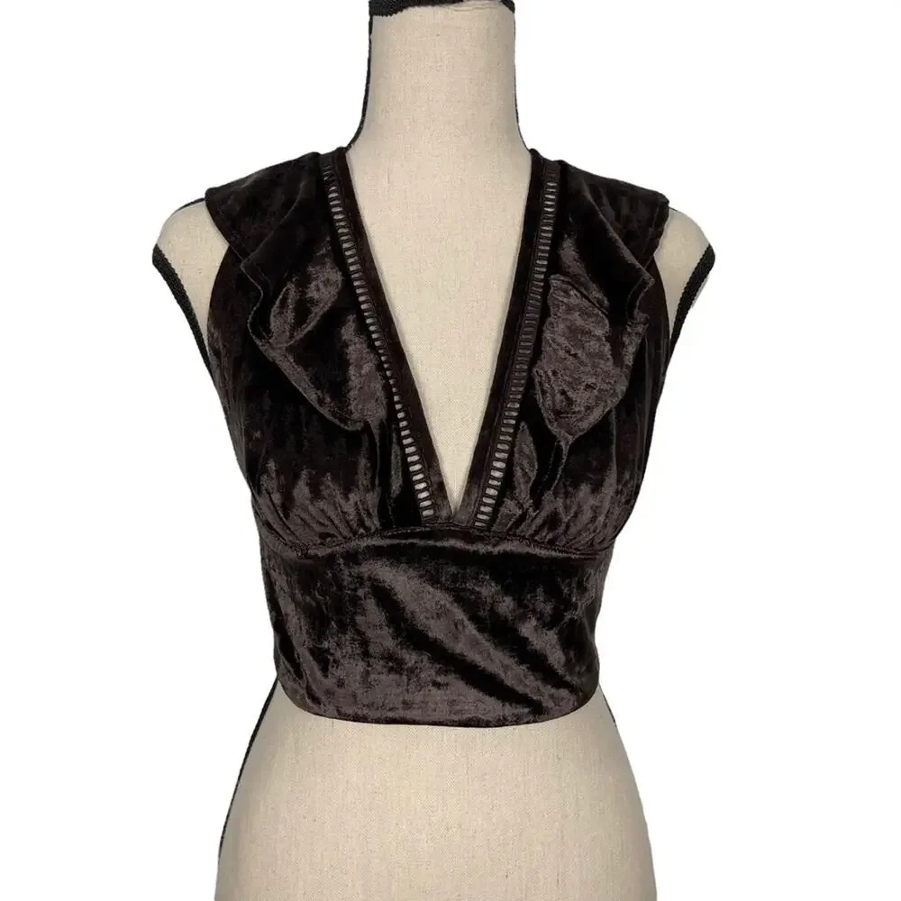 Free People Lillian Velvet Lace Up Tank Top Brown Size XS NWOT